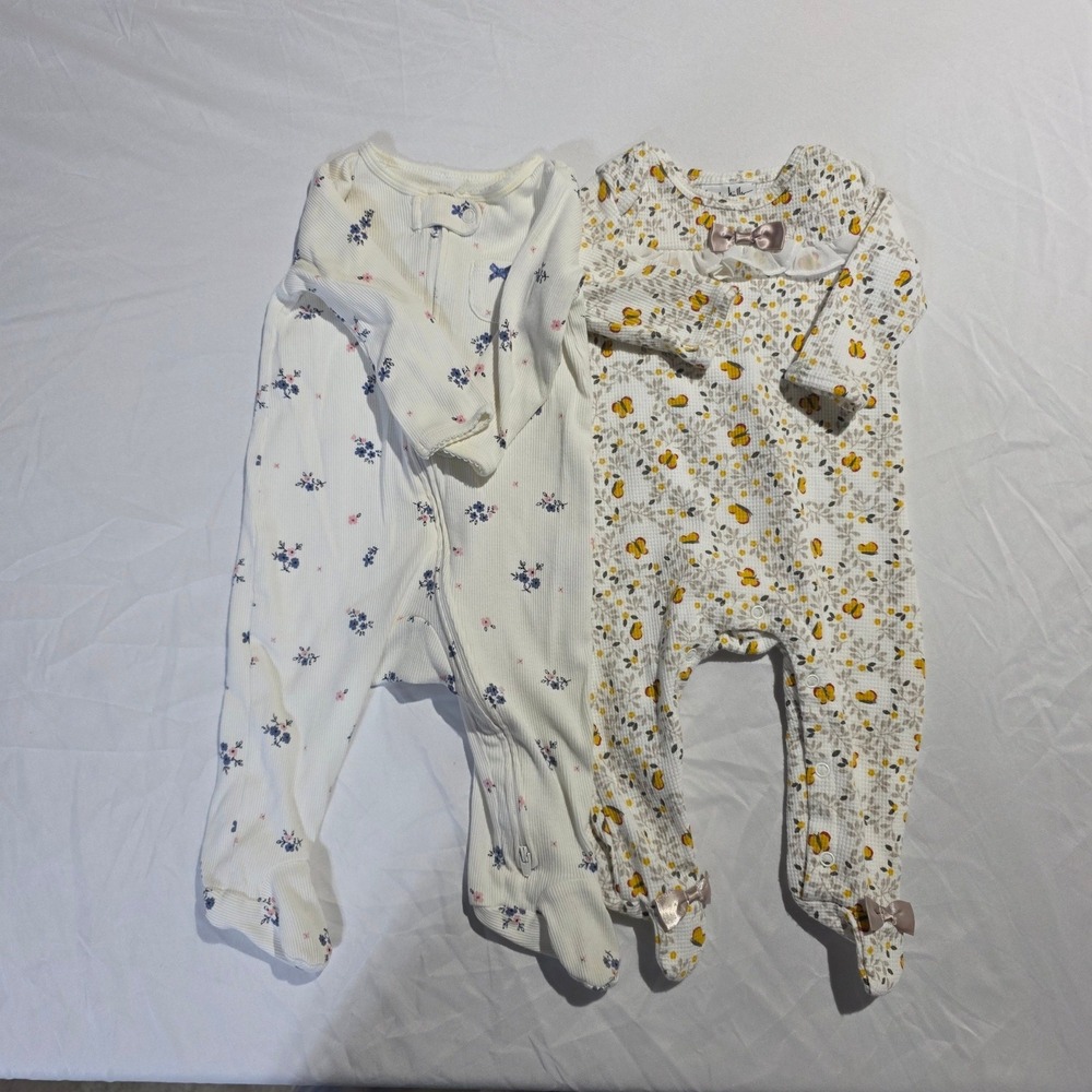 Baby Girl Floral Butterfly Footed Sleepers Ribbed Waffle Knit 2pc Bundle 3-6 mo